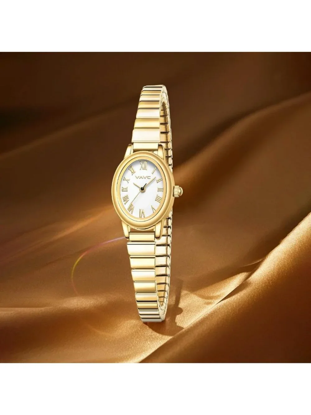 Elegant Gold Women's Watch, Analog Design, Stainless Steel Band, Oval Roman